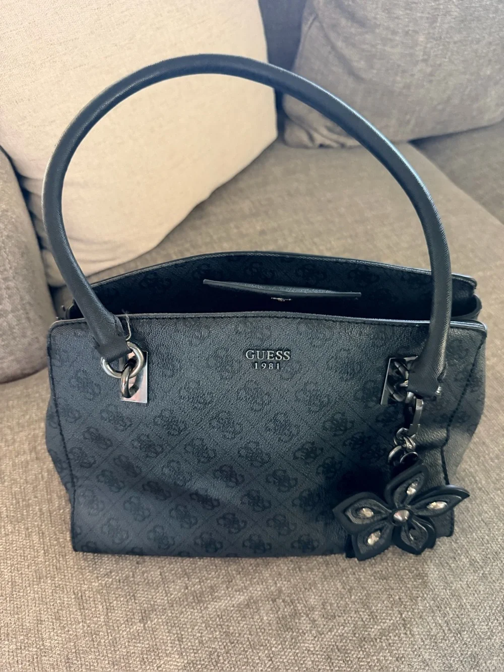 Guess  Black Logo Satchel with Flower Charm